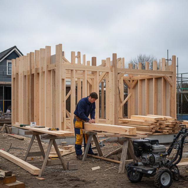 Kleine bouwplaats in Gelderland met timmerman, houtconstructie en werkmaterieel