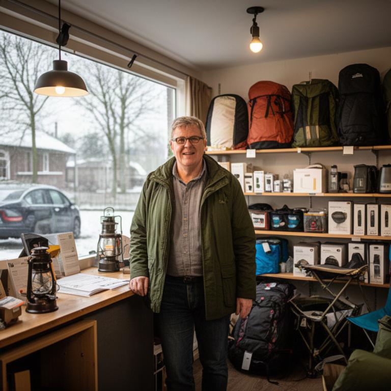 Ondernemer in een campingwinkel bij Lochem met kampeerproducten en een rustige winterinrichting