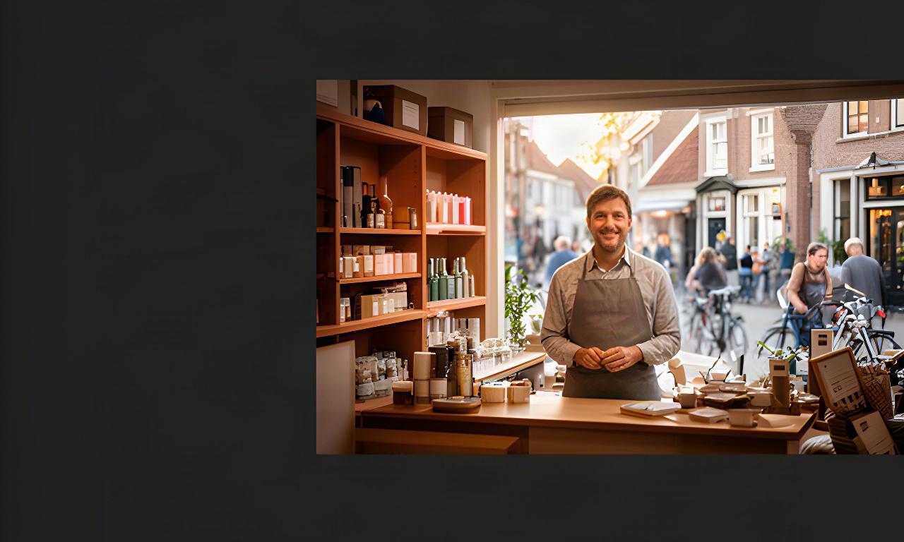 Ondernemer achter de toonbank van een lokale winkel aan een levendige straat in Lochem